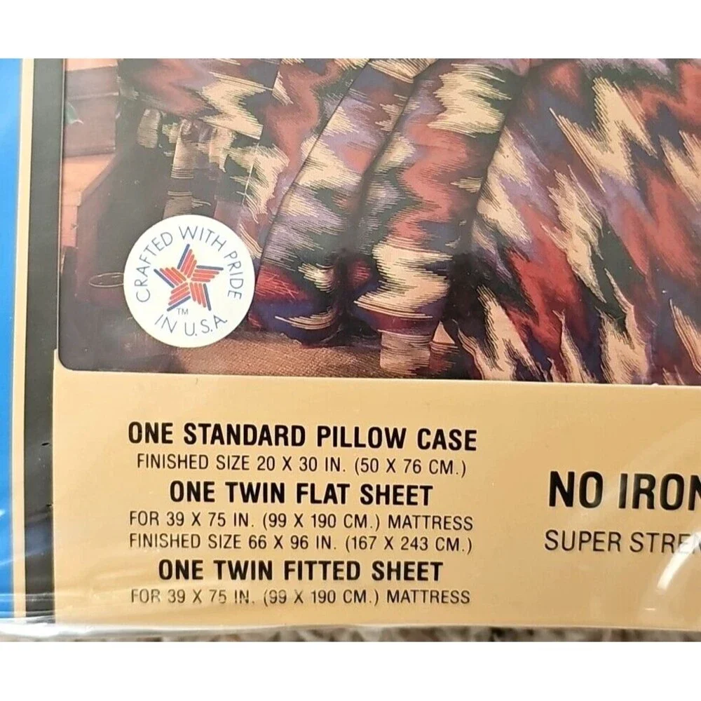 Vtg Thomaston Flamestitch Twin Sheet Set Southwestern Bedding Ranch Dorm USA